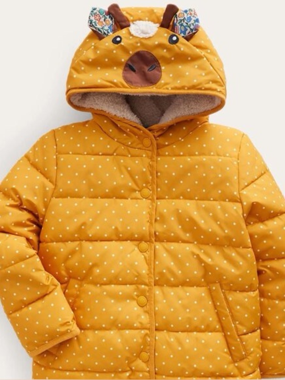 Mini Boden Mustard Yellow Polka Dot Puffer Jacket with Hood 4-5y Lightly Used